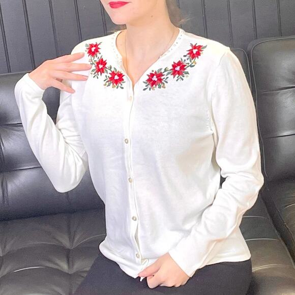 CROFT & BARROW White Vintage 2000's Floral Embroidered Cardigan - Picture 1 of 8